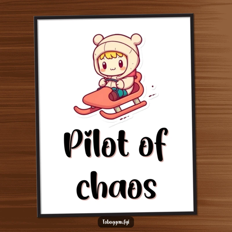 Funny poster showing a character comically steering a toboggan with exaggerated motions, embodying adventurous winter fun.