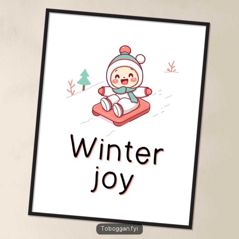 Funny Toboggan Poster: A cute character gleefully toboggans down a snowy slope, a humorous and vibrant piece of winter art.