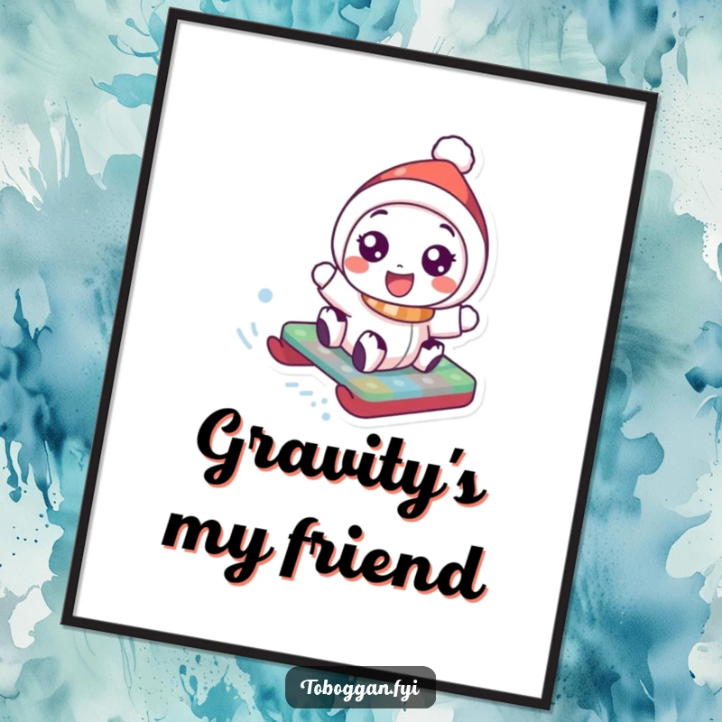 Funny Poster: Wide-eyed, laughing character gleefully slides down a snow-covered hill on a vibrant toboggan, capturing true winter joy.