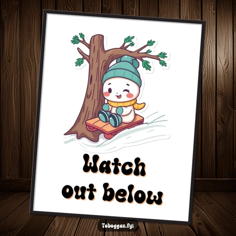 Funny character expertly dodging a tree on a toboggan, depicted in a vibrant and humorous poster.