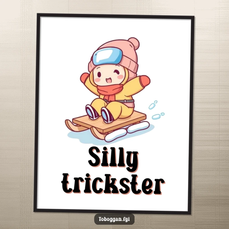 Funny poster showing a character executing a comical toboggan trick, capturing a moment of pure, unadulterated wintery silliness.