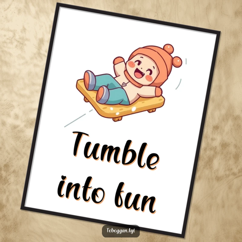 Funny poster capturing a happy character playfully tumbling off a toboggan, celebrating the humor in winter mishaps.