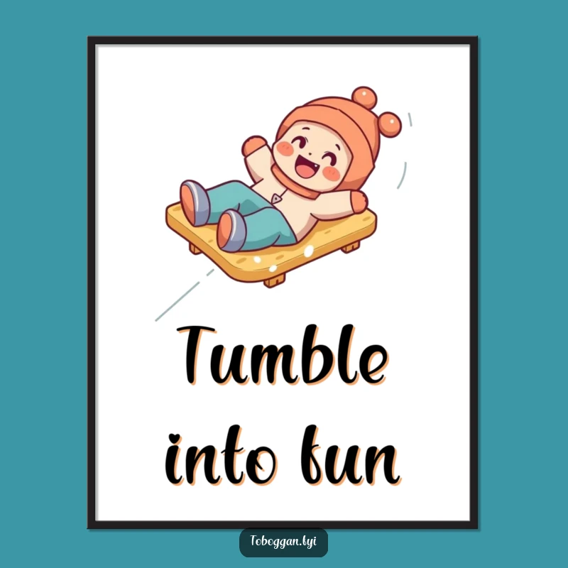 Funny Toboggan Tumble Poster: Playful Character's Snowy Art