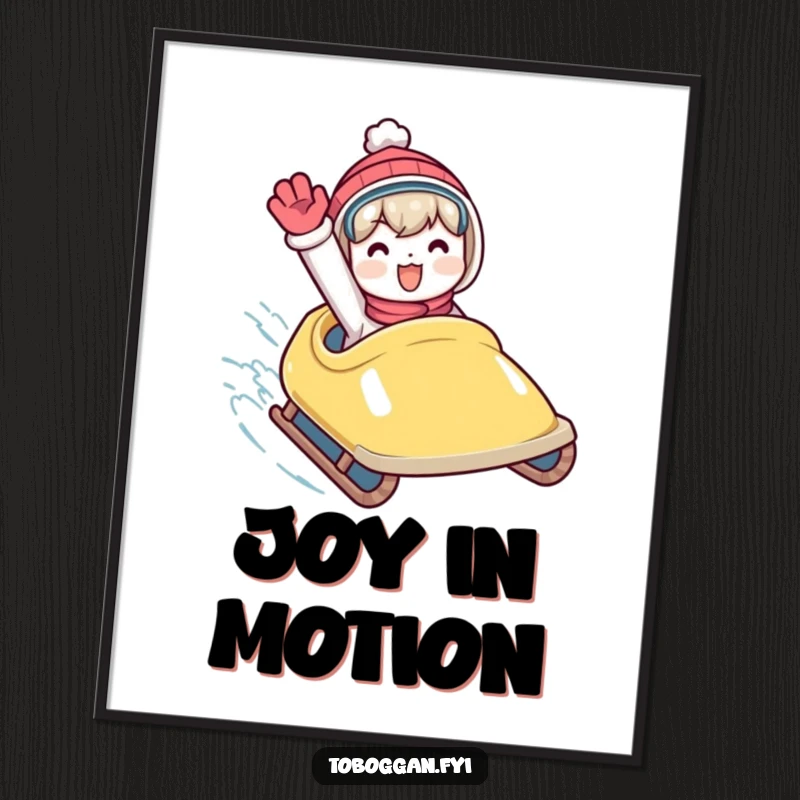 Funny poster art of a character waving enthusiastically from a speeding toboggan, capturing winter thrill and joy.