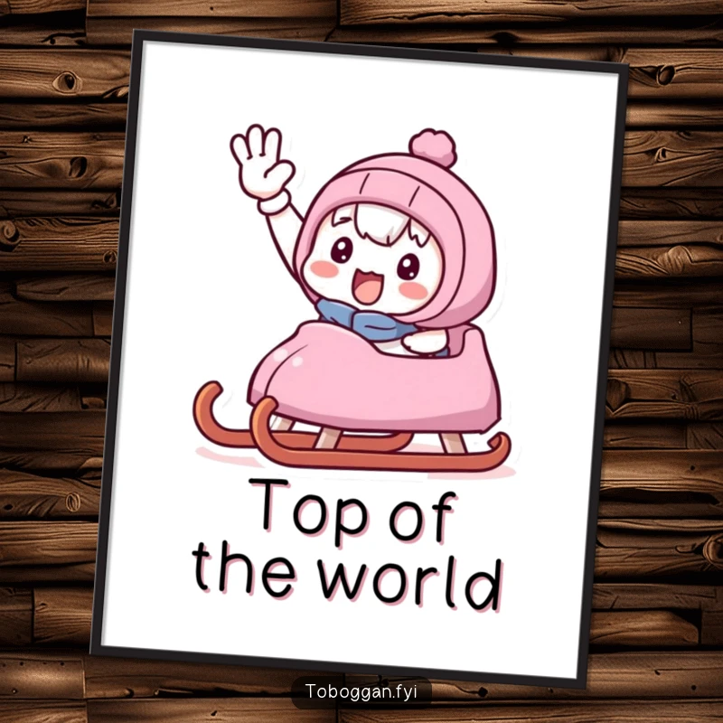 Funny poster of a cute character waving a triumphant hand from a speeding sled, capturing the essence of winter fun.