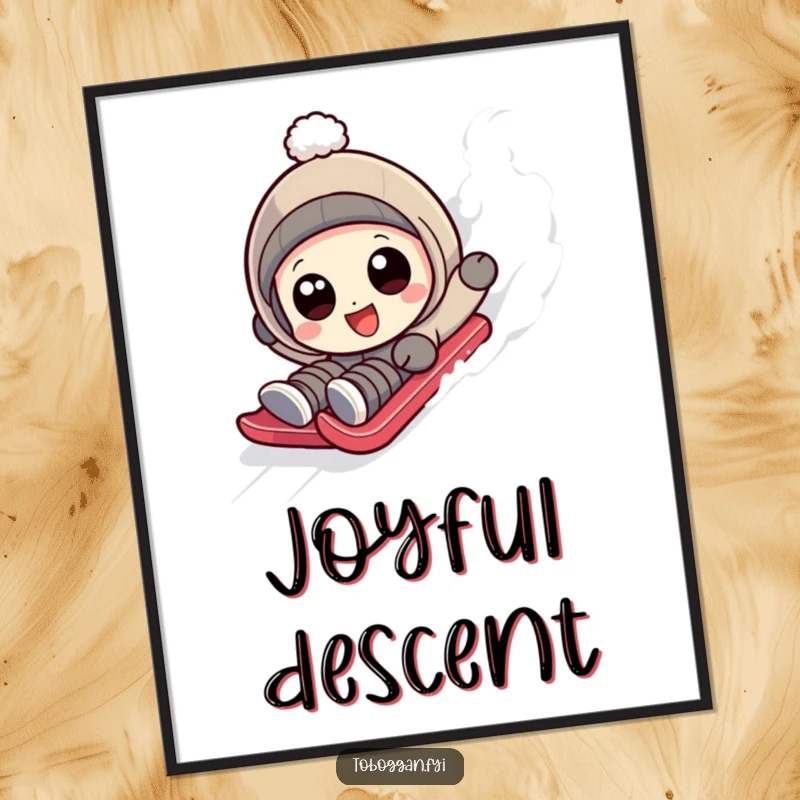 Funny character with wide, happy eyes hilariously tumbling down a sledding slope on a poster.