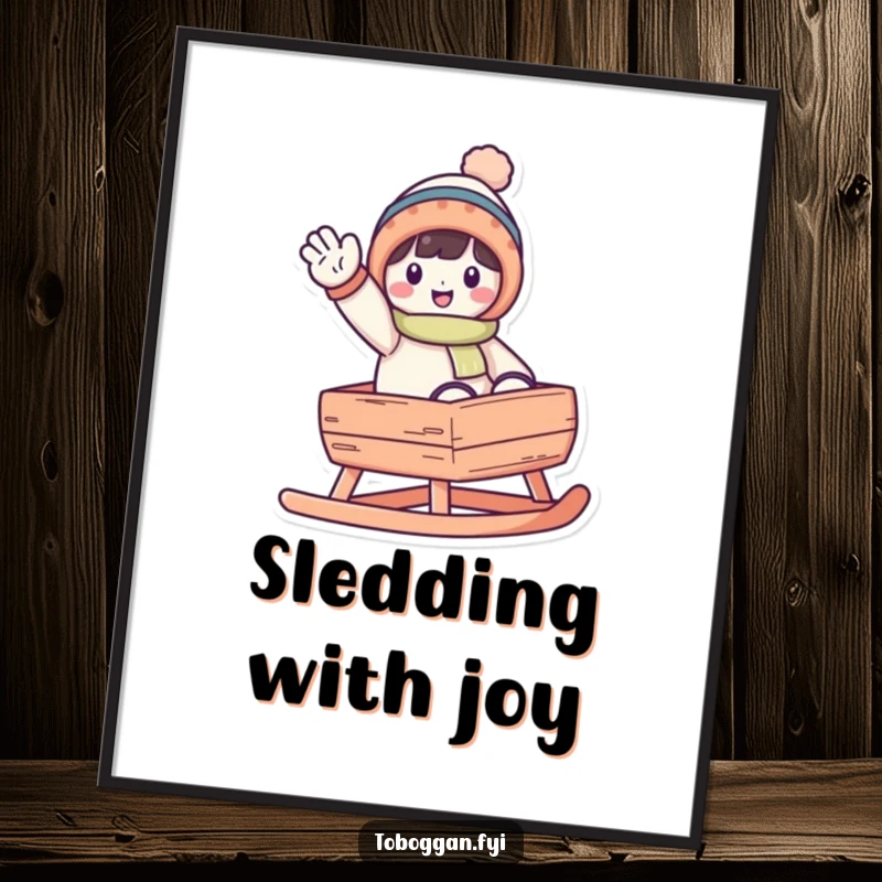 Funny waving toboggan character poster, charming wall art depicting a cheerful character waving from the back of a toboggan.