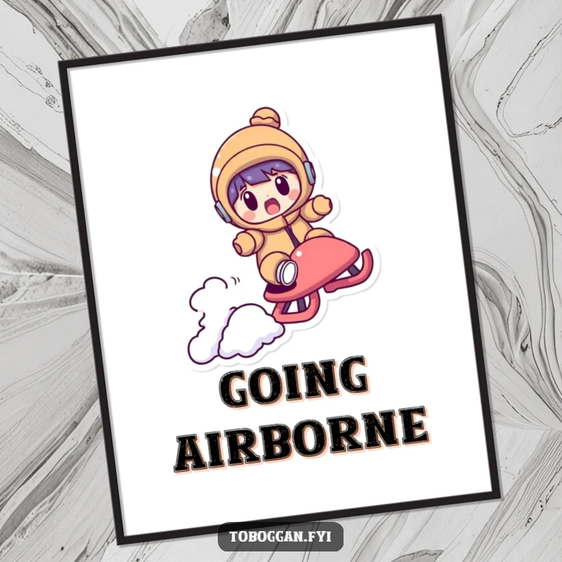 Funny poster showing a character looking completely shocked as their sled flies over a small bump, capturing a moment of pure winter surprise.