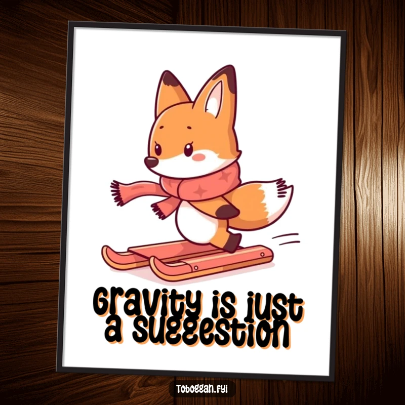 Funny poster of a determined fox in a scarf, comically chasing a runaway toboggan, a whimsical winter scene.