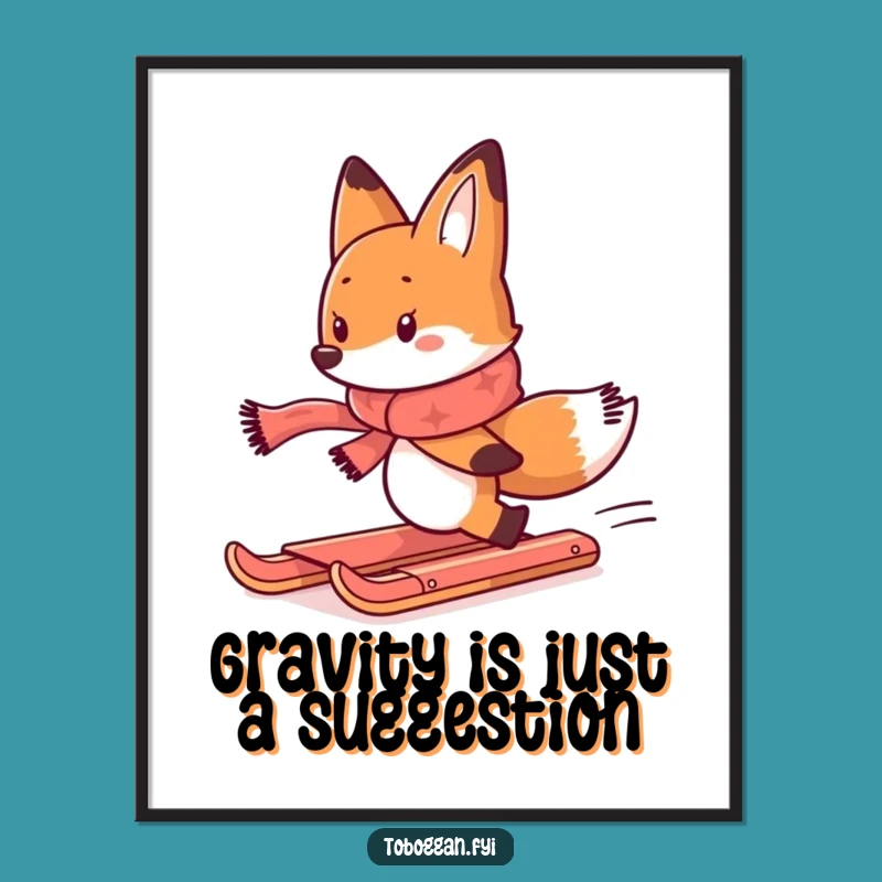 Funny Fox Toboggan Chase Poster: Hilarious Winter Art Print for Walls