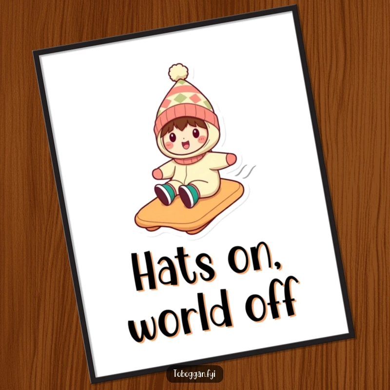 Funny poster capturing a character in a silly hat, gleefully sledding down a snowy hill on a toboggan.
