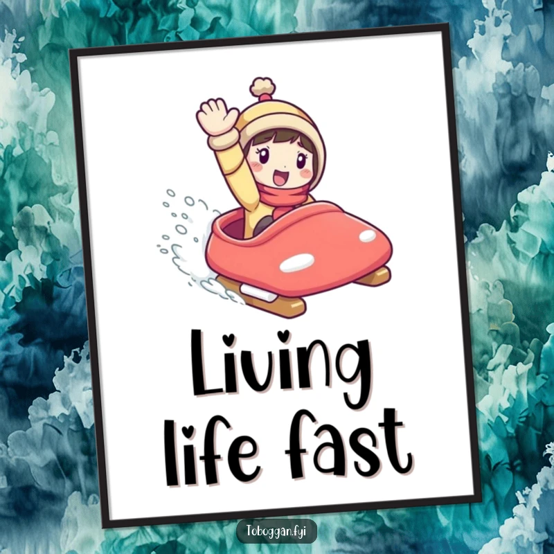 Funny Poster: Character captured mid-toboggan slide, arms wide, conveying sheer delight and the thrill of speed.