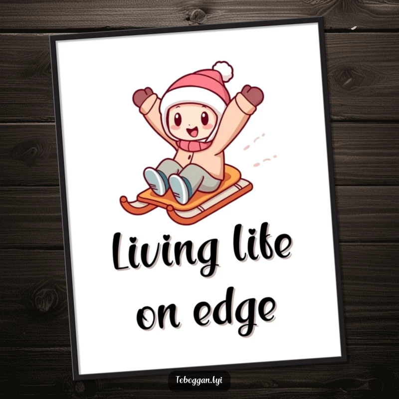 Funny character sledding at full speed downhill, arms triumphantly raised against a winter backdrop, a vibrant art print.