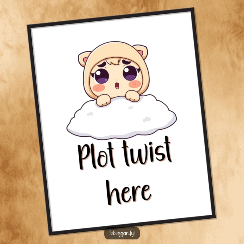 Funny Poster: A surprised character with raised eyebrows lands softly in a pile of snow, capturing a moment of playful shock.