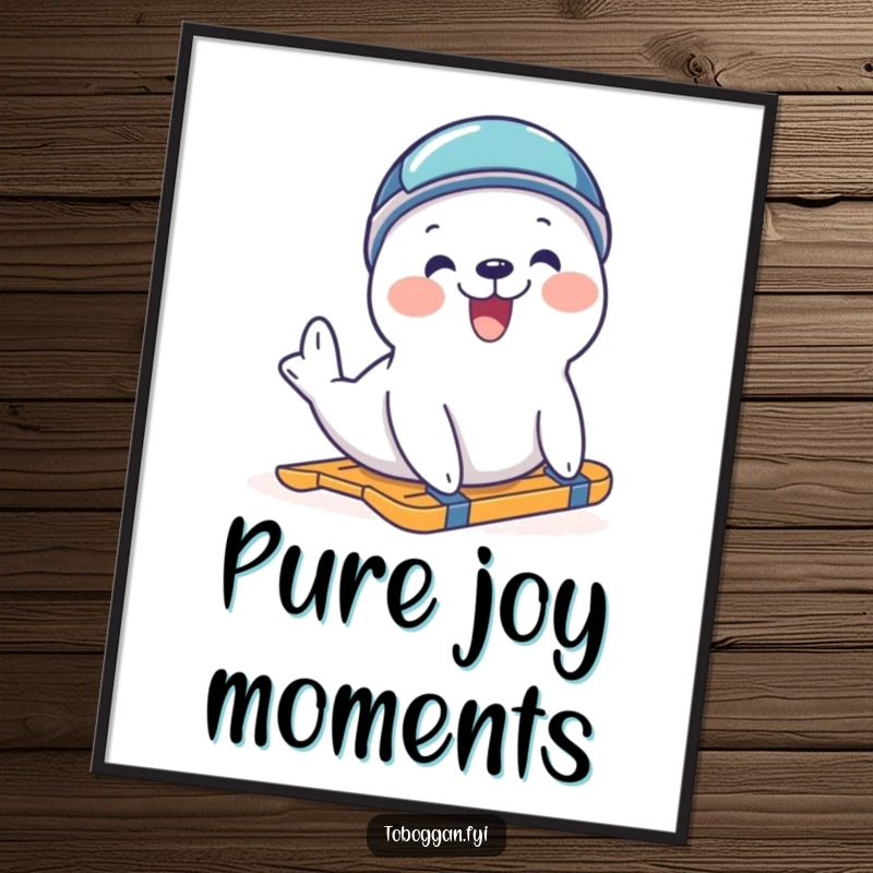 Funny delighted seal wearing a helmet, joyfully trying to slide on a poster, perfect for adding cute and humorous winter-themed art.