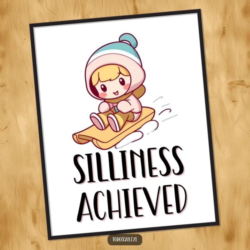 Funny winter poster, a character performs a silly trick on a toboggan, bringing playful and humorous winter art to walls.