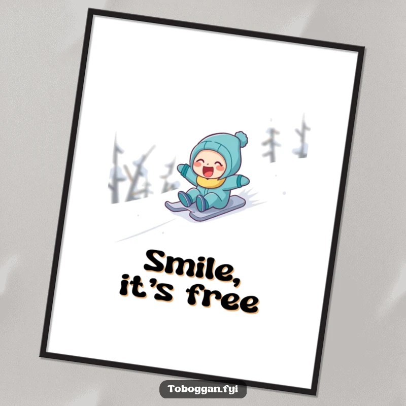 Funny character laughing with abandon while sledding rapidly down a snowy landscape, a joyful art print.