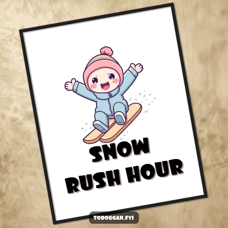 Funny character joyfully surfing down a snowy slope with arms wide, featured as exciting wall art.