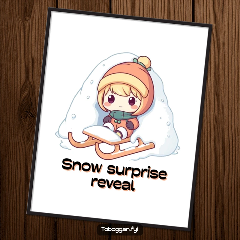 Funny snow surprise poster featuring a character popping out from snow on a sled, bringing playful winter mischief and humor to decor.