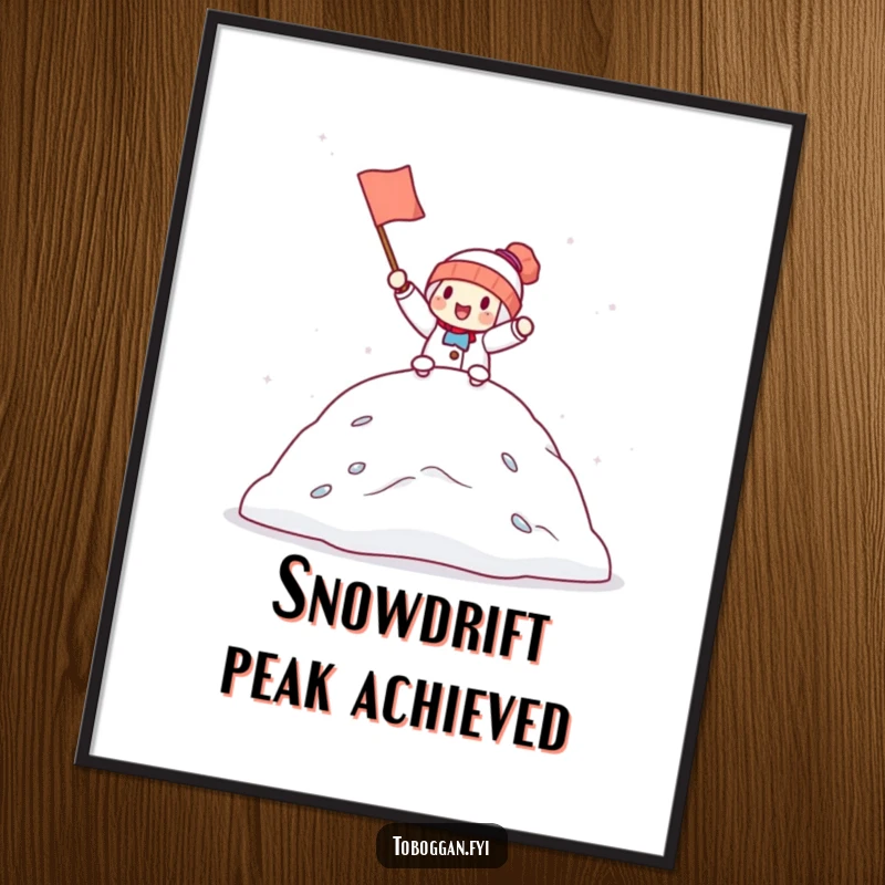 Funny poster showing a character holding a small flag, cheering joyfully from the peak of a snowdrift, embodying a spirit of cheerful accomplishment.