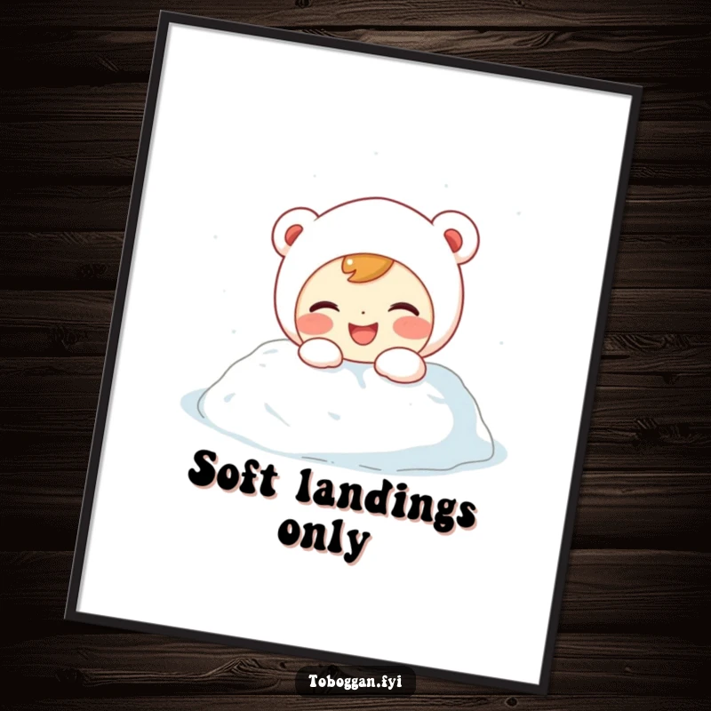 Funny Poster: A giggling character with rosy cheeks playfully bumps into a soft snowdrift, capturing winter's innocent fun.