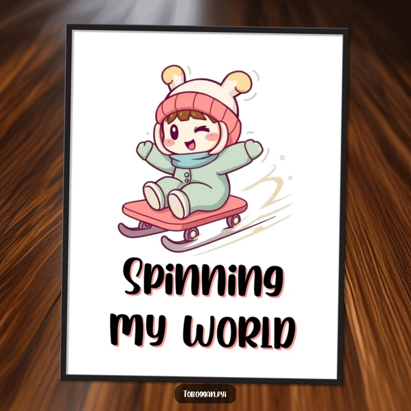 Funny poster showing a character with a playful wink, spinning wildly on a toboggan, visualizing exhilarating winter fun and playful mischief.