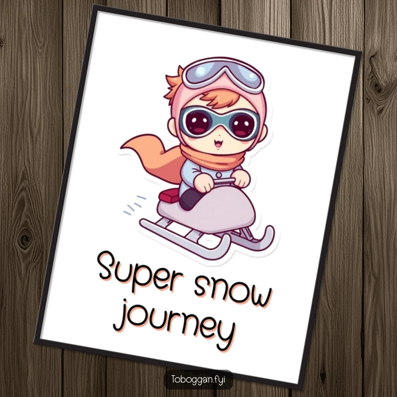 Funny poster showcasing a cute character in a superhero pose, confidently riding a sled down a snowy slope.