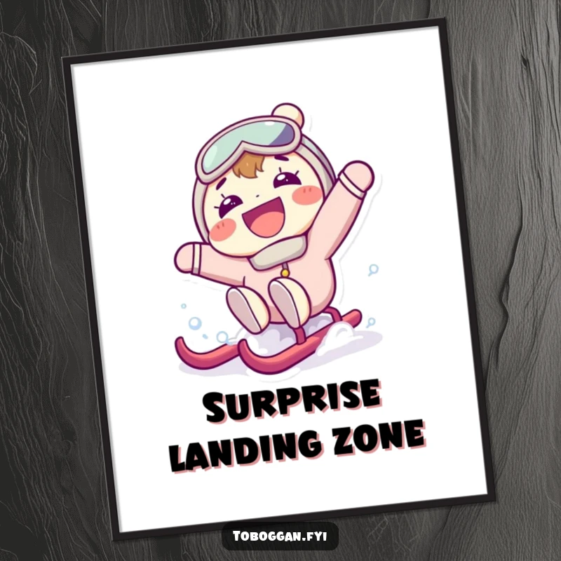 Funny poster showcasing a character with a large grin, comically falling backward off a sled in a moment of unexpected winter surprise.