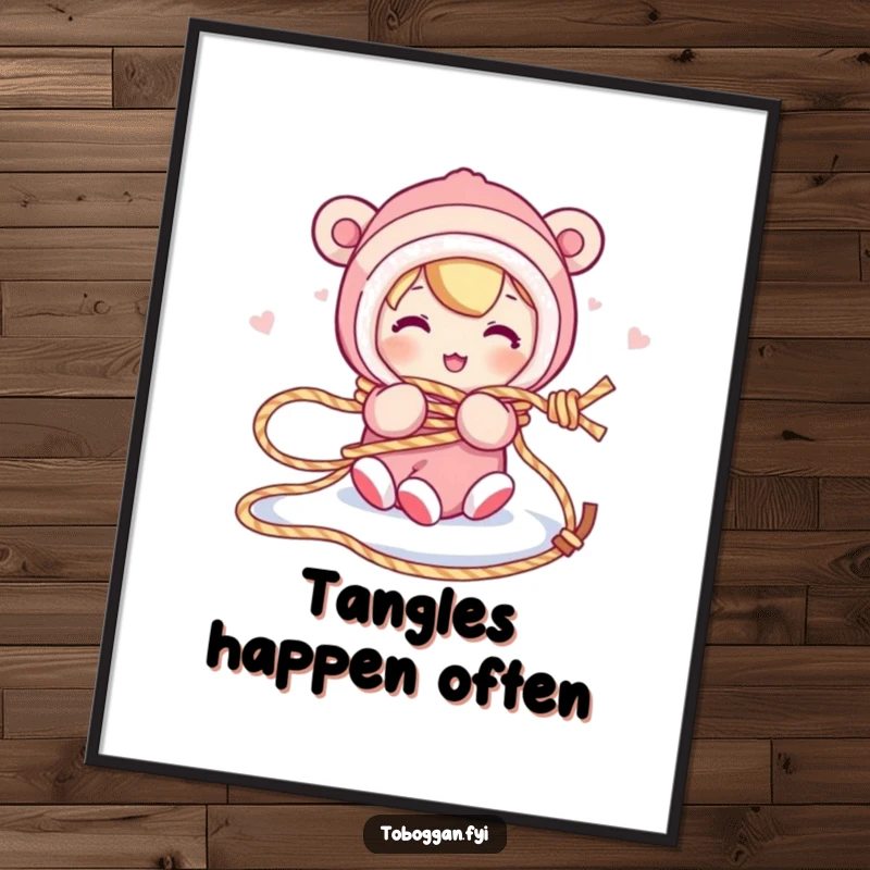 Funny poster art captures a character comically entangled in their sled rope, embodying a humorous and relatable winter mishap.