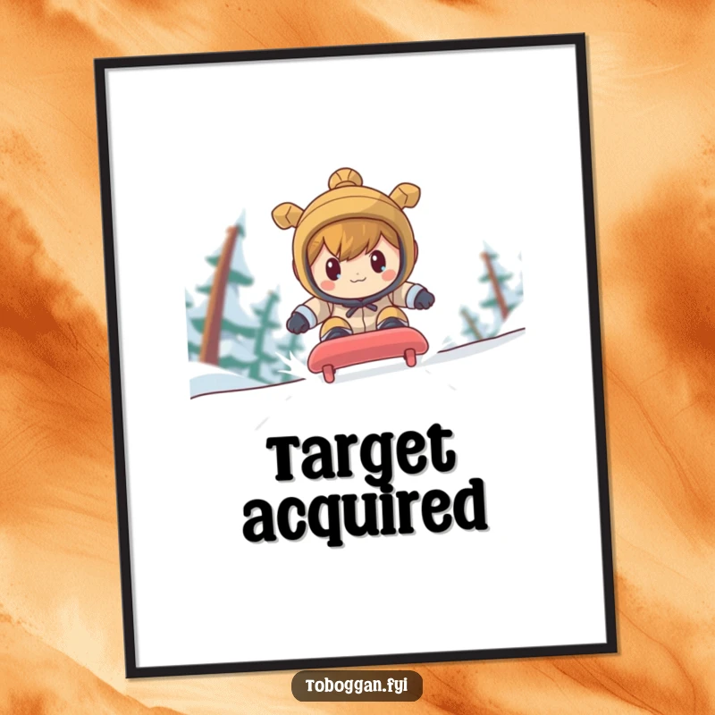 Funny character with a determined race face speeding down a toboggan run, depicted as motivational wall art.