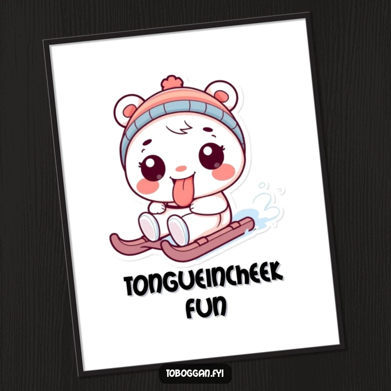 Funny poster with a playful character sticking its tongue out while sledding, a mischievous and humorous funny gift.