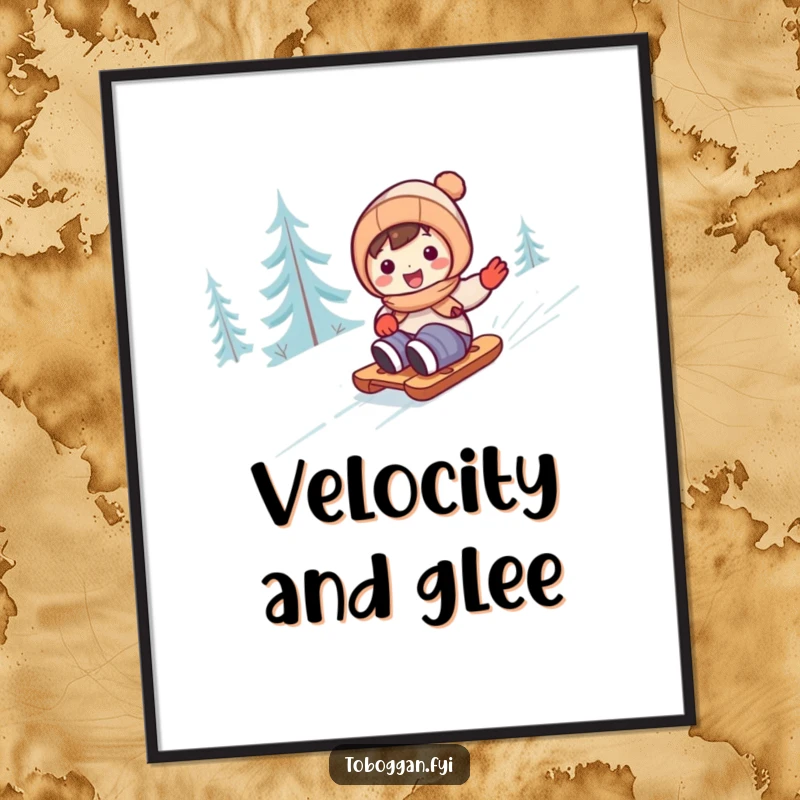 Funny cute character happily sledding down a snow-covered hill on a poster, wall art.