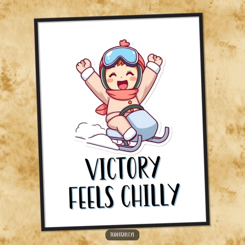 Funny sled ride poster depicting a character in a triumphant pose after conquering a snowy hill.