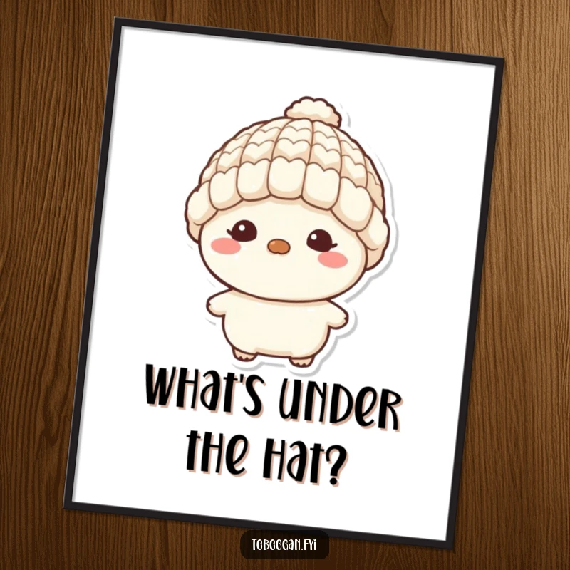 Funny poster featuring a character with a tiny wool hat and a mischievous grin, embodying sweet mischief and playful charm.