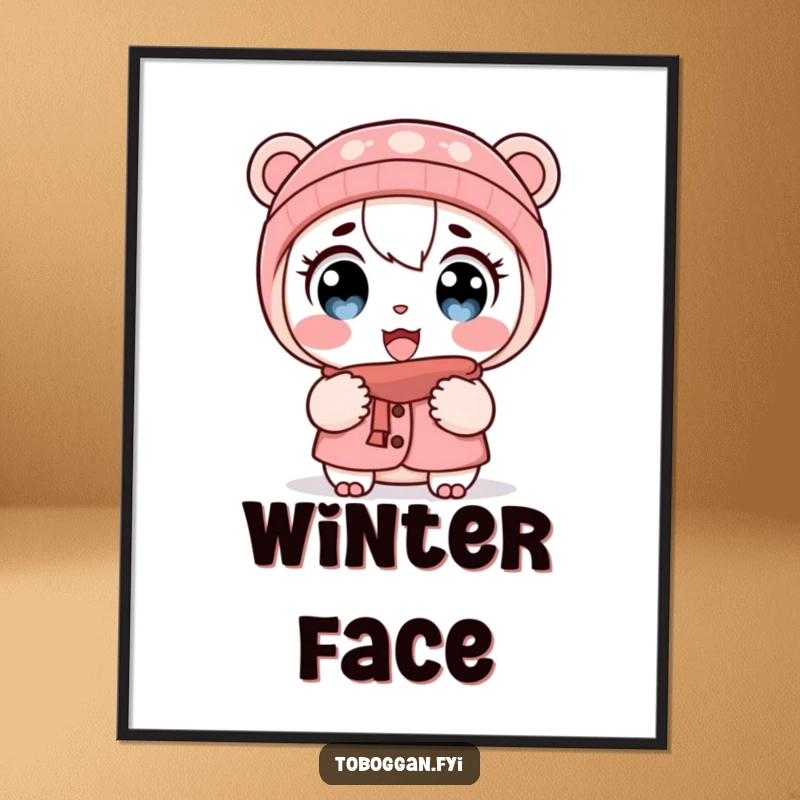 Funny poster of a cartoon character with wide eyes and puffed cheeks, reacting comically to the cold weather.