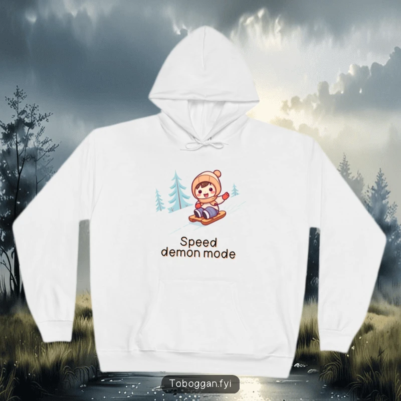 Funny cute character in a humorous pose, sledding down a hill on a hoodie, for ultimate comfort.