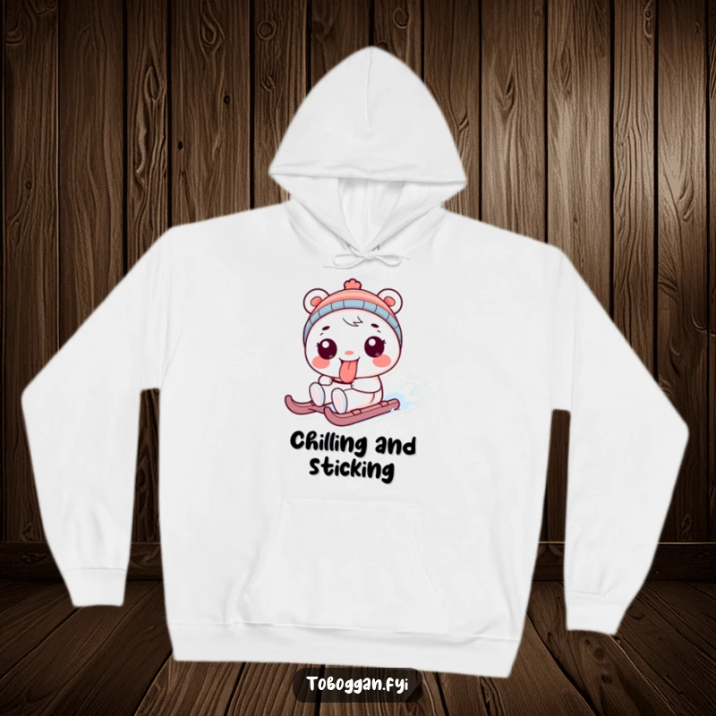 Funny hoodie featuring a playful character sticking its tongue out while sledding, a warm and humorous funny gift.