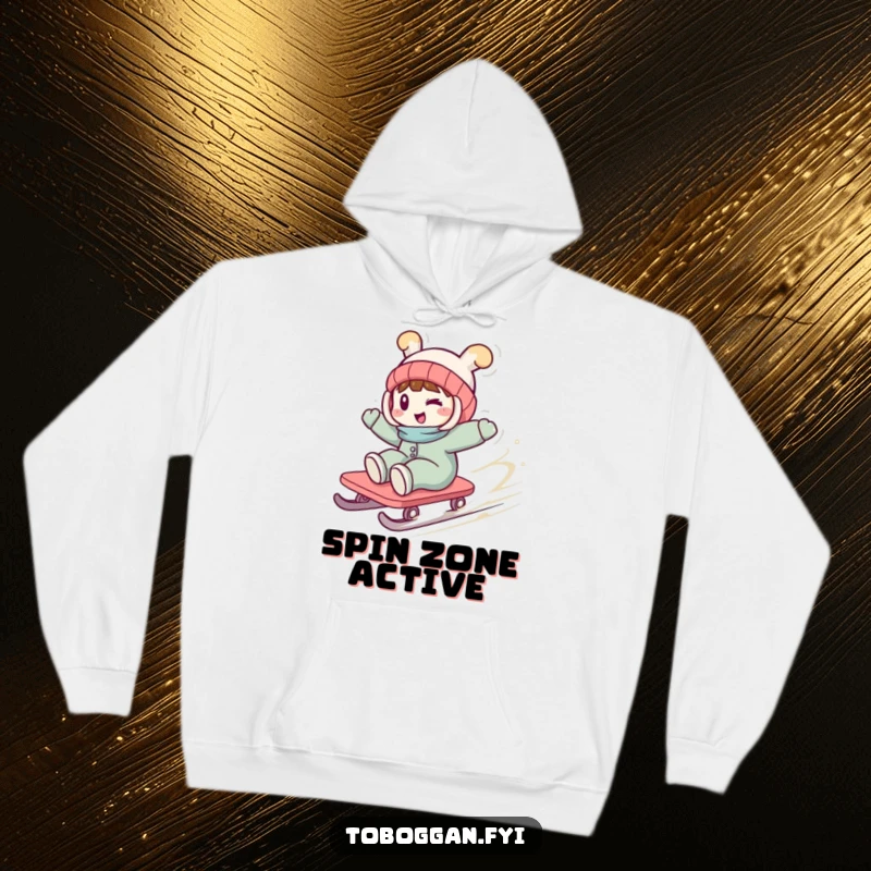 Funny hoodie illustration of a character giving a playful wink while spinning wildly on a toboggan, capturing dynamic winter fun.
