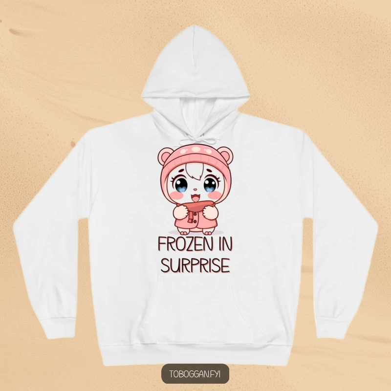 Funny hoodie featuring a cartoon character with wide eyes and puffed cheeks, reacting to the cold, perfect for warmth.