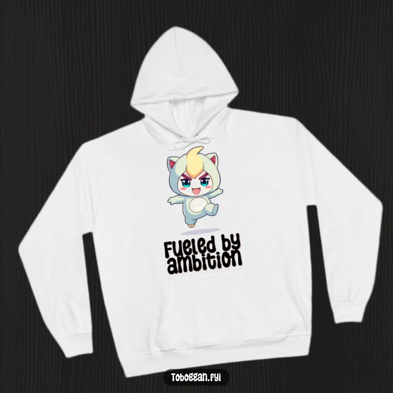 Funny hoodie featuring a character performing a determined, playful jump, offering cozy comfort and a boost of energetic humor.