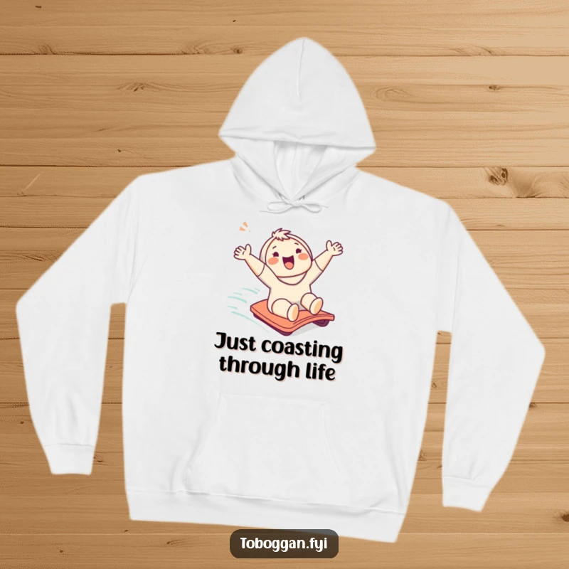Funny hoodie showcasing a cute character cheering enthusiastically while enjoying a smooth slide down a gentle hill.