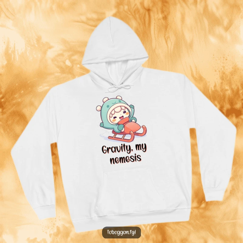 Funny falling off sled hoodie showcasing a character with a silly expression during a comical tumble from a sled.