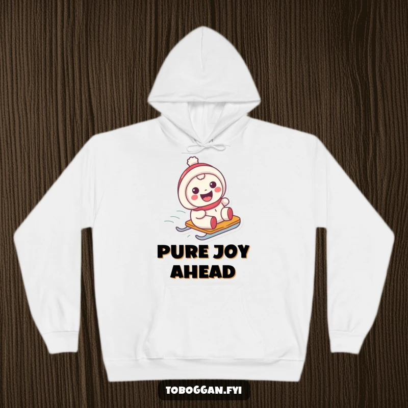 Funny hoodie with a character sporting a wide grin while sliding on a sled, perfect for chilly adventures.