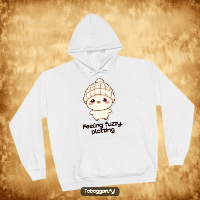 Funny hoodie with a character in a tiny wool hat and a mischievous grin, offering cozy comfort and playful energy.