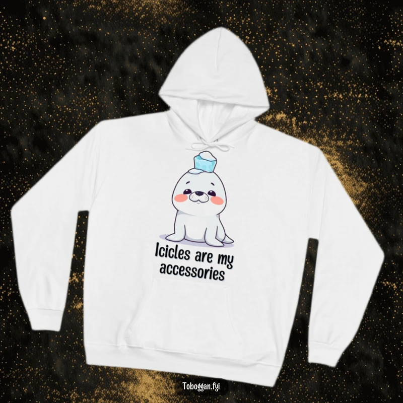 Funny Seal Hoodie: A mischievous seal character is illustrated trying to balance icicles on its nose, creating a scene of cold-weather comedy.