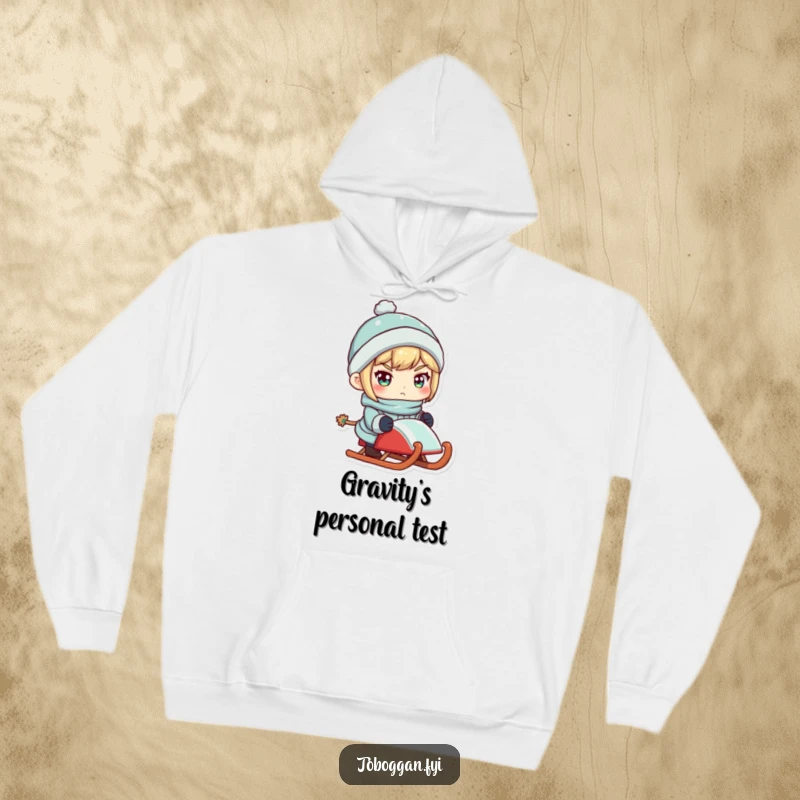 Funny hoodie featuring a determined character ready with a sled, perfect for embracing winter adventures.