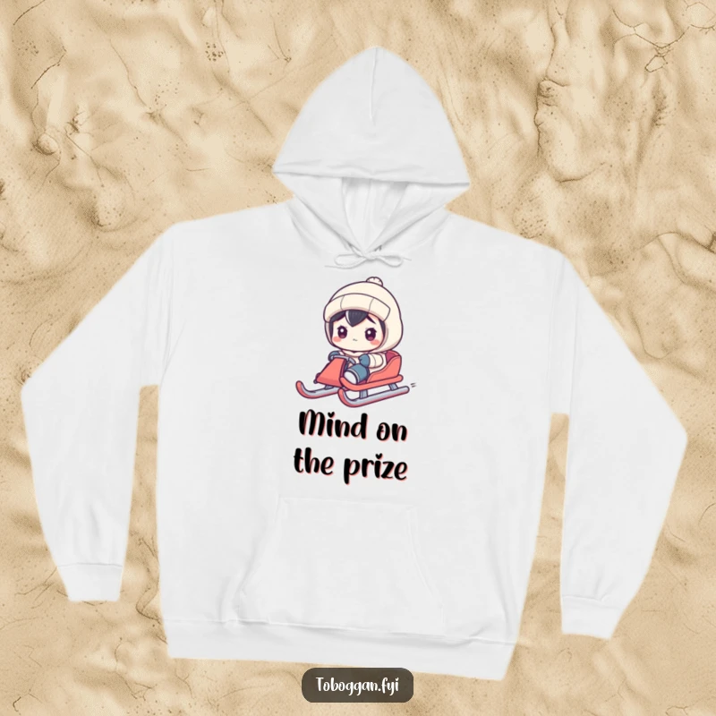 Funny hoodie with a character steering a sled with extreme concentration, embodying focused winter enjoyment.