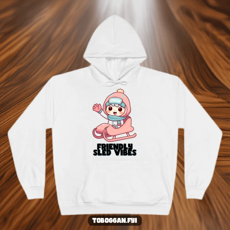 Funny sledding character hoodie featuring a friendly character sharing a sled and waving, offering cozy winter cheer and camaraderie.