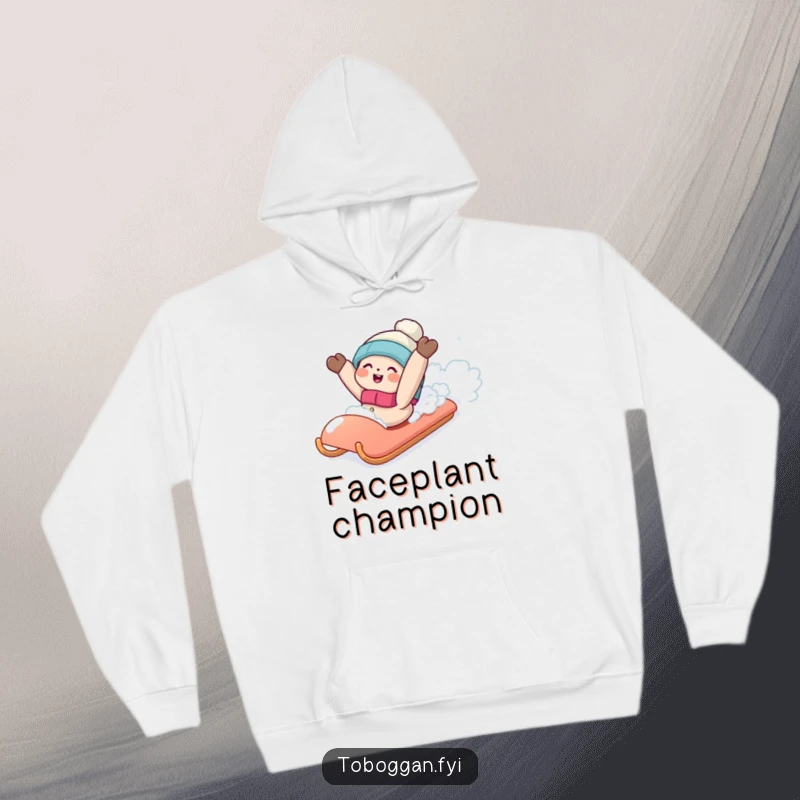 Funny hoodie illustrating a character tumbling backward off a sled into soft snow, capturing a moment of pure, funny chaos.