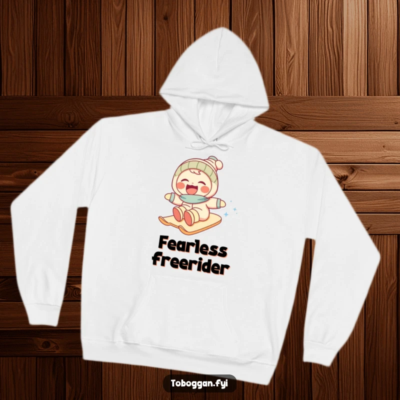 Funny hoodie with a character laughing uncontrollably while sledding fast down a snowy mountain, embodying winter happiness.